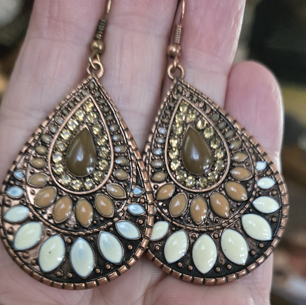 Copper Teardrop Earrings with Cream & Gold Accents - Picture 3 of 4